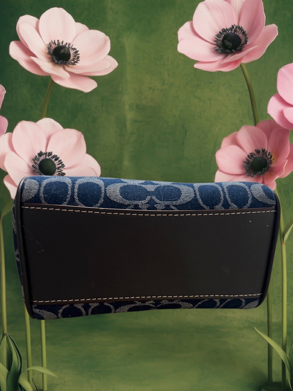 COACH Denim Signature Floral Appliqué Mini Satchel with Tan Handles - Picture 9 of 10